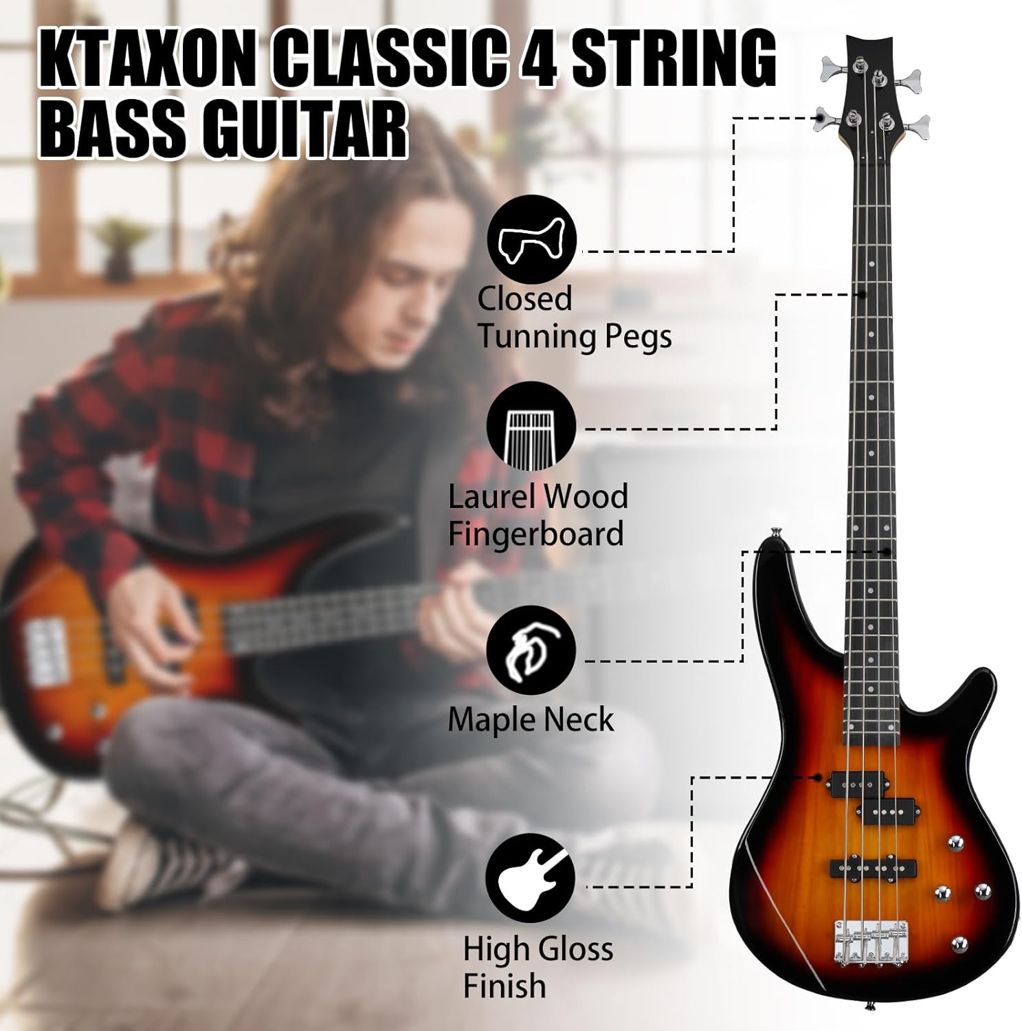 Ktaxon Electric Bass Guitar 4 String Bass Guitar with 20 Watt Amplifier, PJ Type Pickup, Naturally air-dried Maple Neck, Rosewood Fretboard, Basswood Body(Sunset)