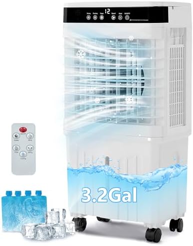 Portable Air Conditioner for Home Office Outdoor, Portable Evaporative Swamp Cooler with 3Gal Water Tank, 120°Oscillation Cooling Fan with Remote 2 Modes, 3 Speeds, 12H Timer & 4 Ice Packs