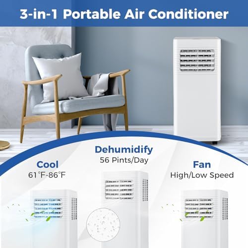 DORTALA Portable Air Conditioner 9000 BTU, 3 in 1 Quiet Floor Standing AC Unit with Fan & Dehumidifier, Sleep Mode, 24H Timer, Remote Control & Installation Kit for Room up to 300 Sq.Ft