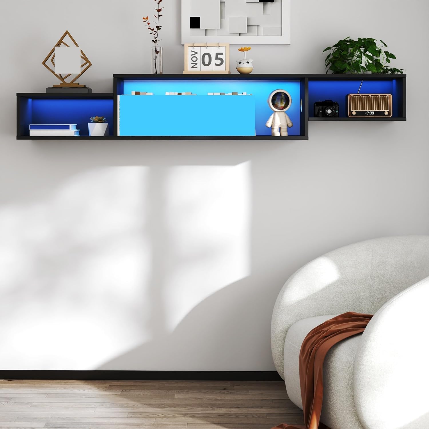 5.35in Wall Mounted Floating TV Stand with 20 Color LEDs and Charging Station TV Stand for Living Room Decor, Office,Easy Assembly