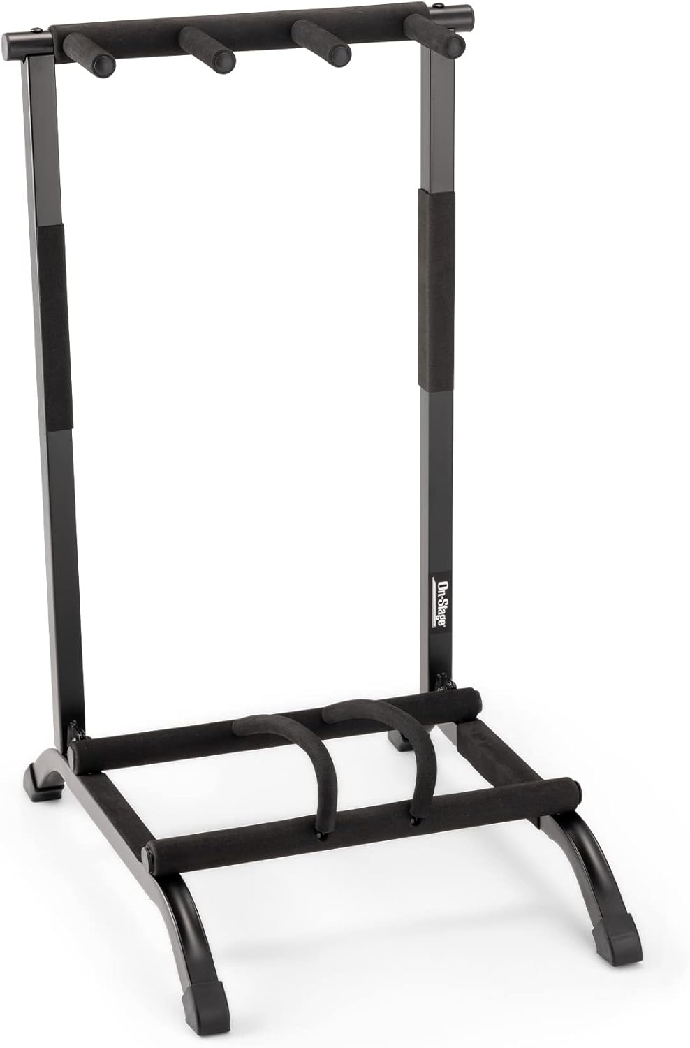 On-Stage GS7361 Three-Space Foldable Multi-Guitar Rack (Storage and Display for 3 Acoustic, Electric, and Bass Guitars, Multiple-Instrument Stand, Padded, Folding, Portable, Rubber Feet, Black)