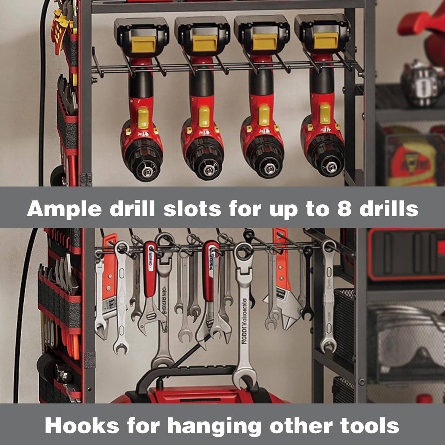 Large Power Tool Organizer Cart with Charging Station, 8 Slots for Cordless Drill Holder with Drawers, Rolling Storage Cart with 8 Power Outlet Heavy Duty Garage Organizer with Wheels for Men