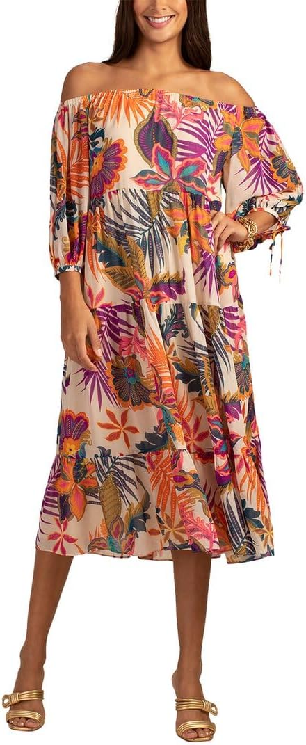 Trina Turk Womens Floral Off The Shoulder Midi Dress