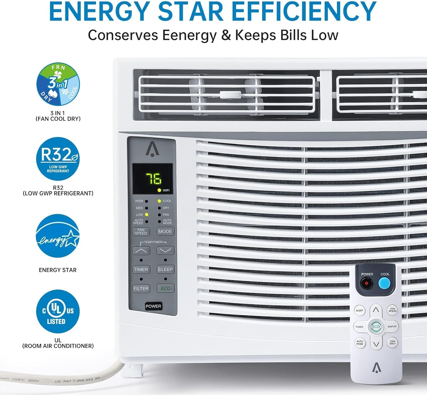 6000 BTU Window Air Conditioner with WiFi, Cools up to 350 Sq. Ft.,Smart Window AC Unit with Remote & App Control,3 Fan Mode,Sleep&ECO Mode,Washable Filter,for Bedroom Apartment Office,New R32