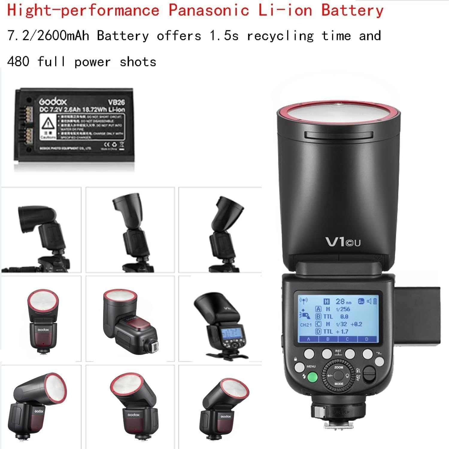 Godox V1 V1-C V1C USA Version Camera Flash with Godox AK-R1 Accessories Kit for Canon Cameras,76Ws 2.4G TTL 1/8000 HSS,480 Full Power Shots,1.5s Recycle Time,2600mAh Li-ion Battery