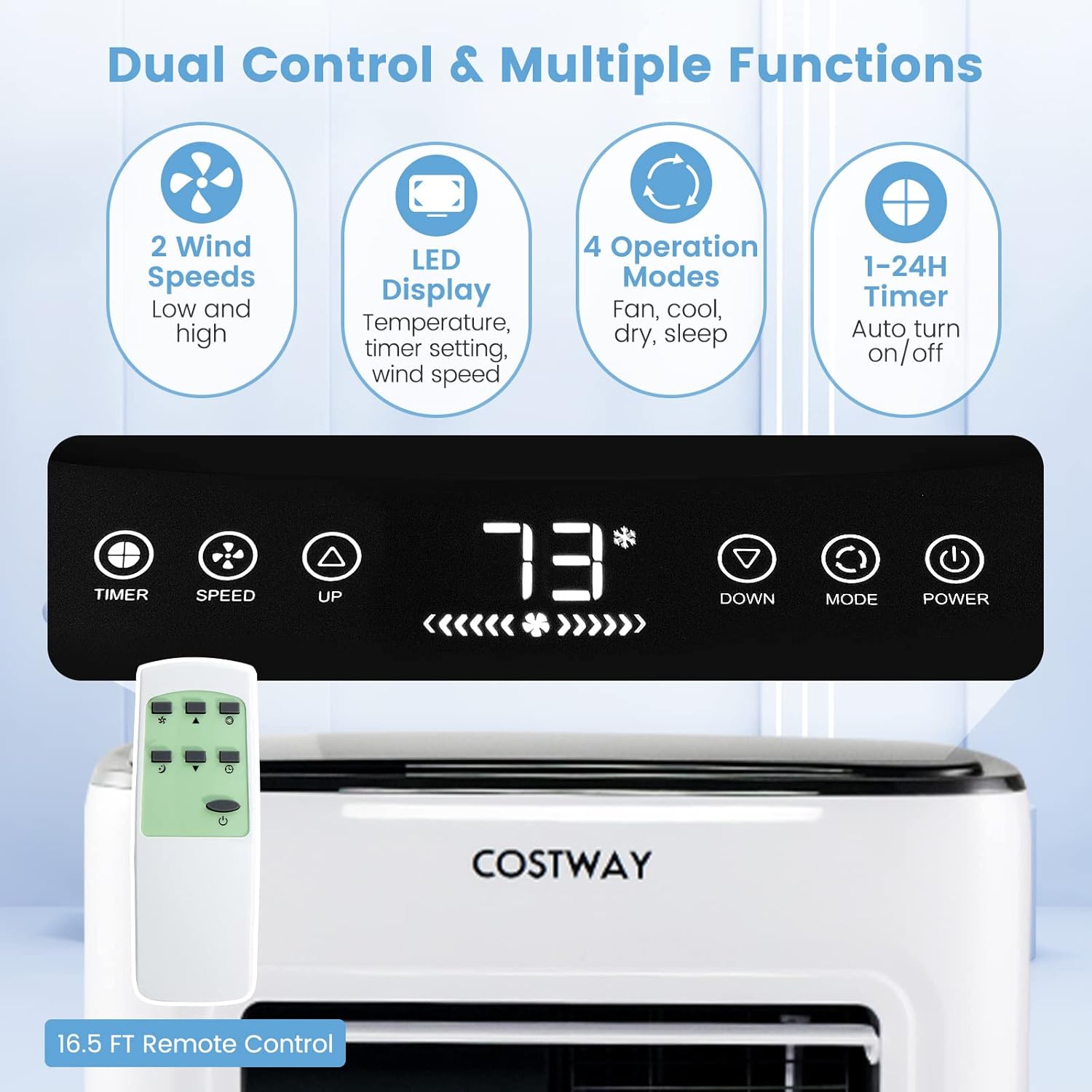 COSTWAY Portable Air Conditioner, 9000 BTU Portable AC with Built-in Dehumidifier, 24H Timer, Smart Sleep Mode, LED Touch Panel for Cooling Rooms up to 280 Sq.Ft, Remote Control & Window Kit Included