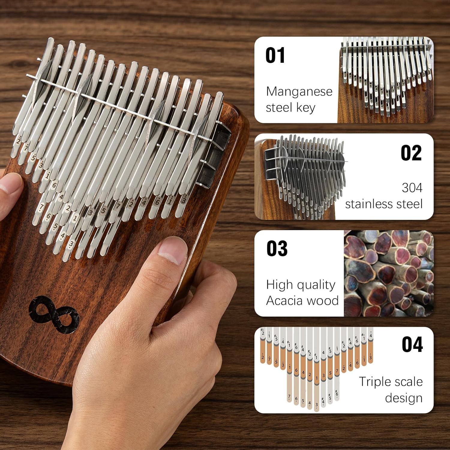 Kalimba Thumb Piano 42 Keys - Portable Finger Piano with Tuning Hammer, Instruction Book & Bag, Ideal Gift for Beginners & Professionals, Solid Acacia Wood