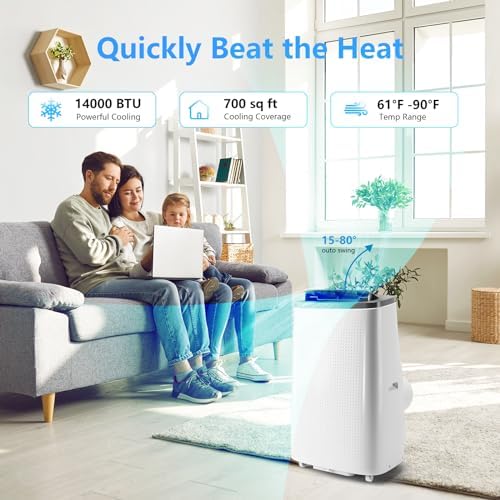 14000 BTU Portable Air Conditioner with Remote Control,Quiet AC Unit 3 in 1 Cooling/Dehumidifying/Fan Modes, Ideal for Rooms up to 700 sq ft,Window Installation Kit for Home