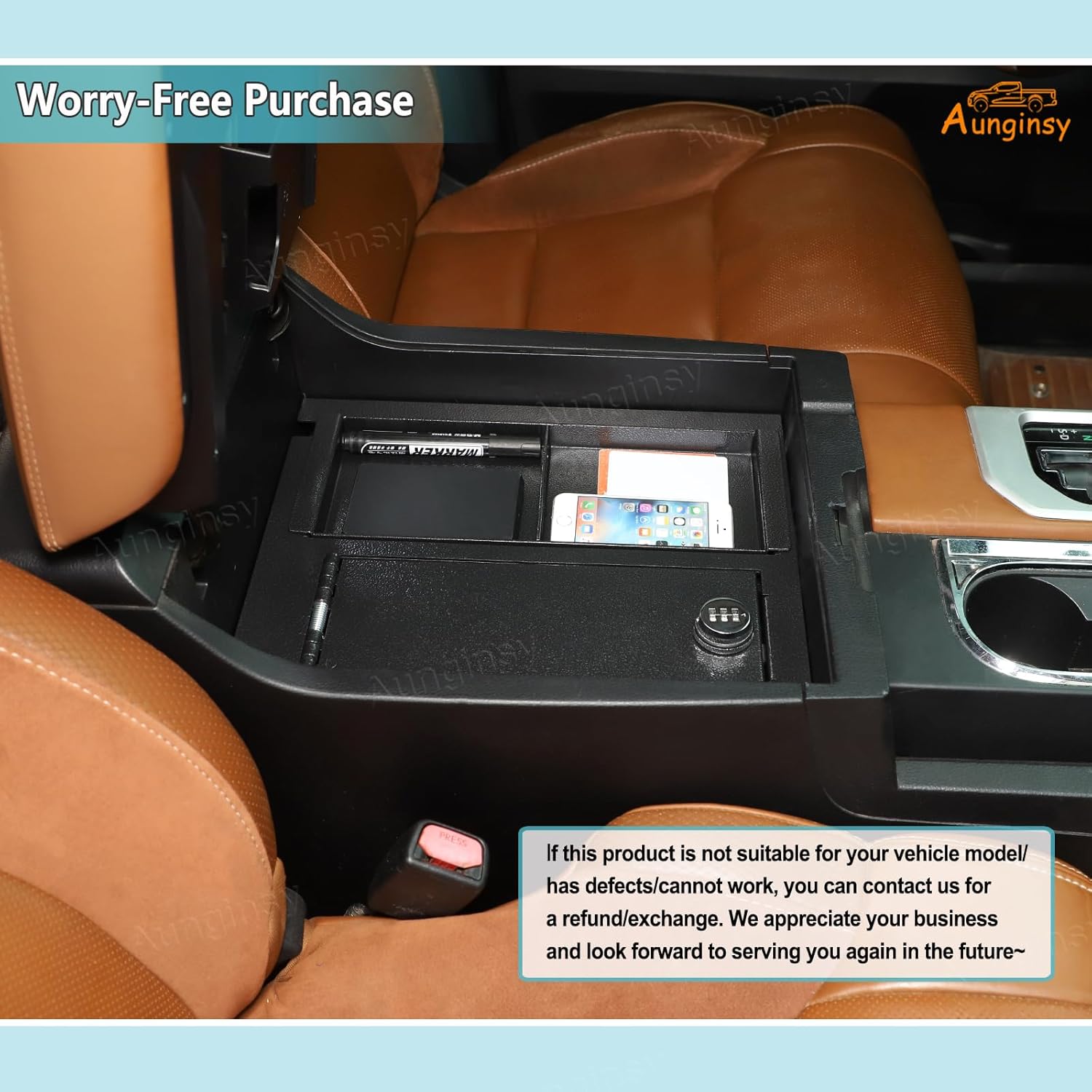 Aunginsy Center Console Lock Safe Box Armrest Storage Compatible with Toyota Tundra 2014-2021, Car Central Control Organizer Tray Vault Security with 3 Digit Combo Password Insert Accessories(Large)