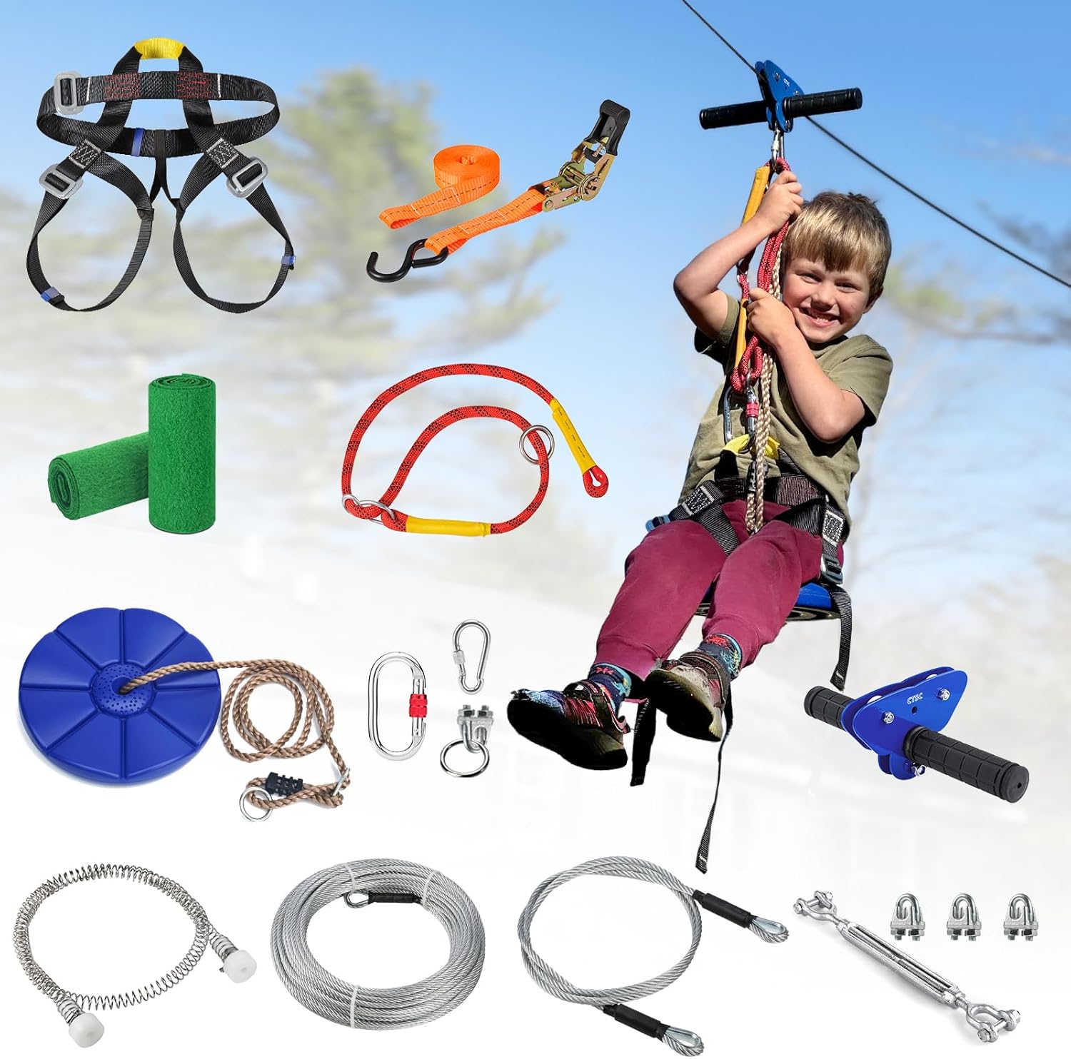 CTSC Zipline for Kids and Adult, Zip line Kits for Backyard with Stainless Steel Spring Brake, Cable Tensioning Kit, Safety Harness, 2 Tree Protectors and Full Set of Zip line Accessories