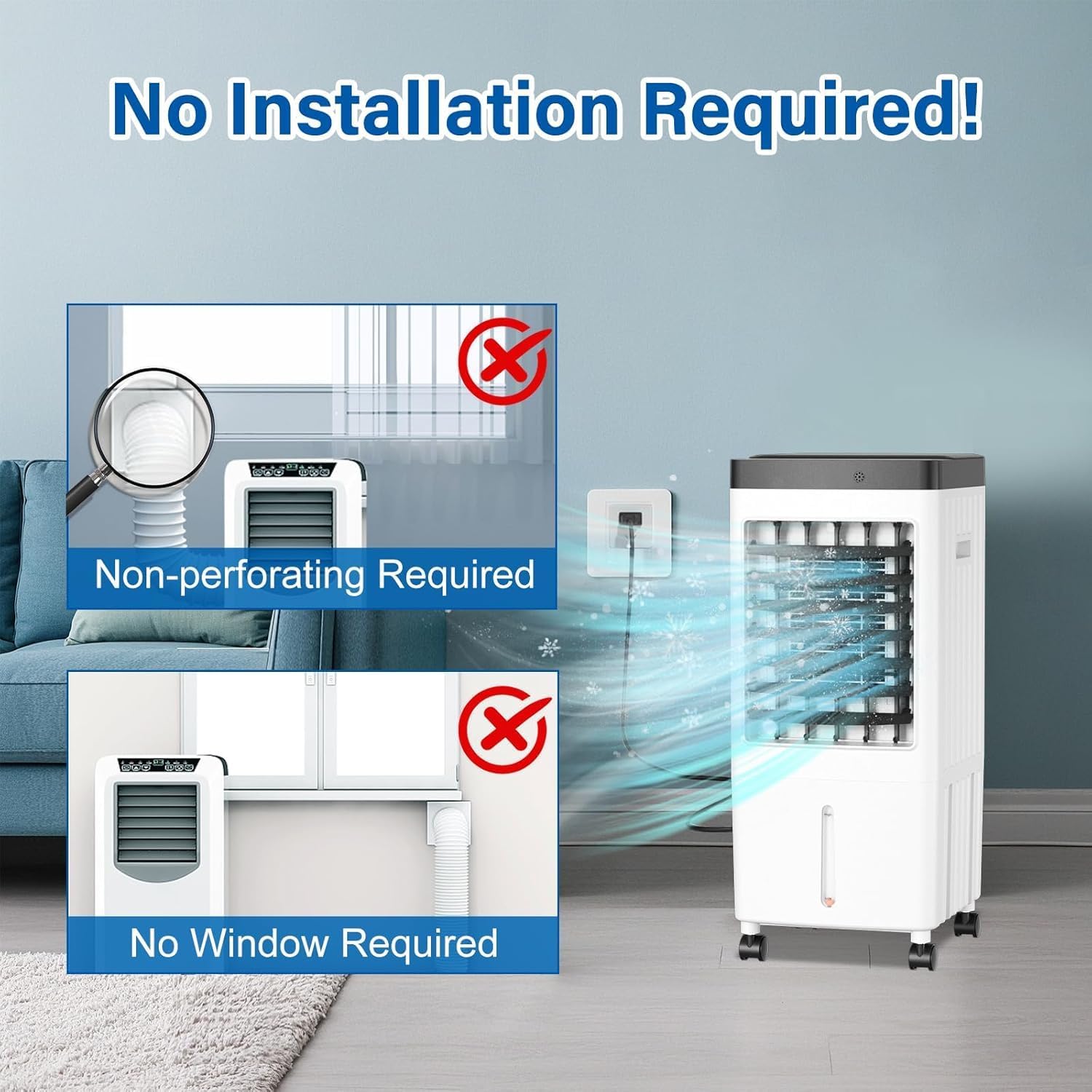 Swamp Cooler, Evaporative Air Cooler with 6 Ice Packs, Swamp Cooler Air Conditioner with 3 Gal Water Tank, 3 Speeds, 80° Oscillation, Portable Air Conditioners Alternative for Room Home Office（White)