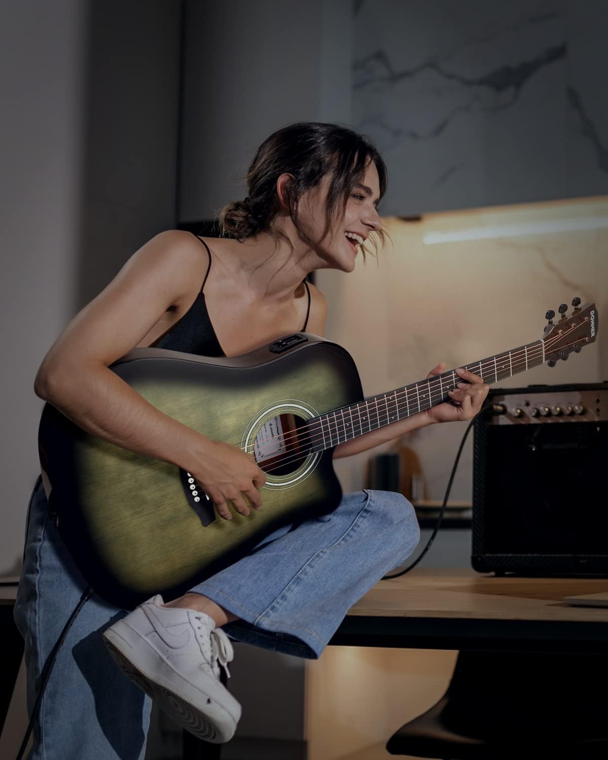 Donner Acoustic Electric Guitar Full Size Kit for Beginner Intermediate with Amplifier Capo Pick Tuner Strings Strap - 41 Inch