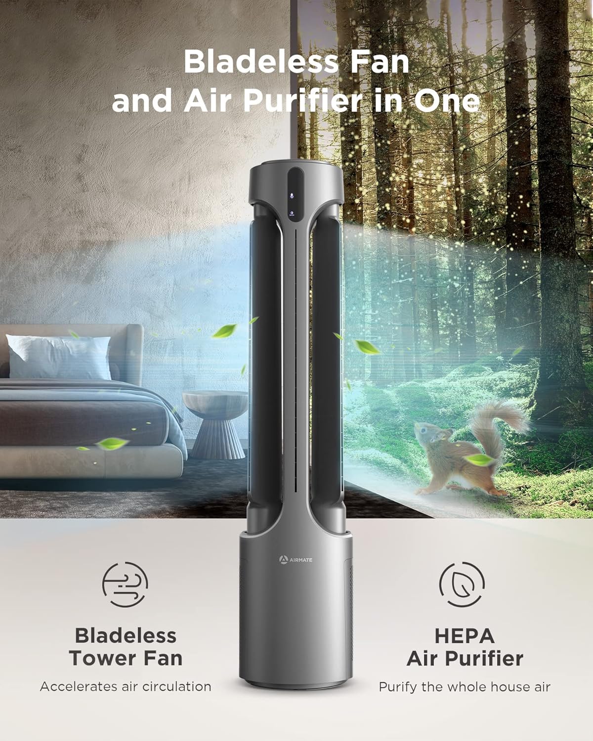 AIRMATE Air Purifier Bladeless Tower Fans, 1500CFM Large Air Volume, 45