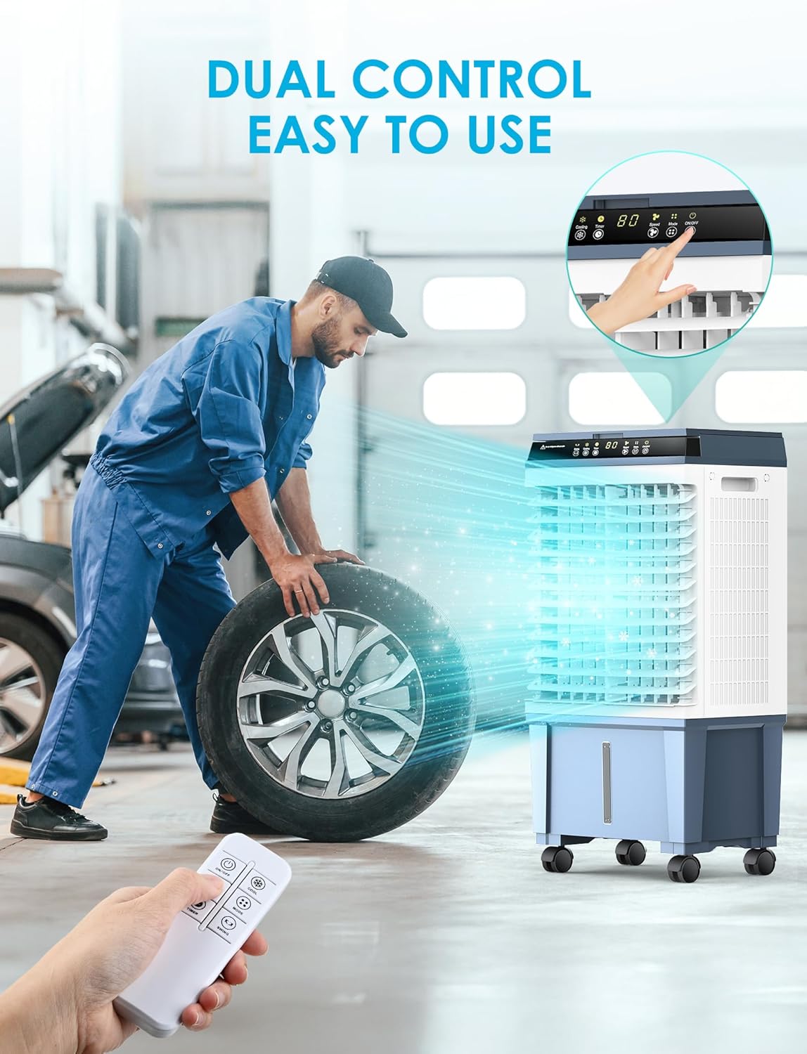 Air Choice Portable Evaporative Air Cooler, 1800 CFM Swamp Cooler with 6 Ice Box & 5.3 Gal Water Tank, 110° Swing, 3 Speeds, Upgraded Remote, 12H Timer, 3-in-1 Air Cooling Fan for Outdoor Indoor, Blue