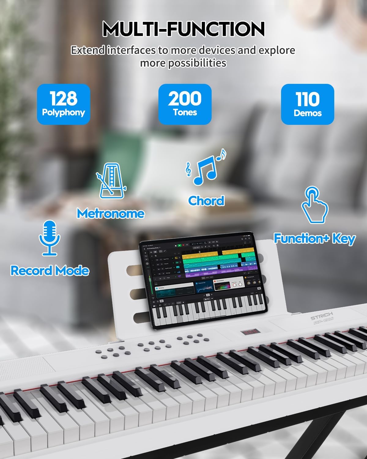 STRICH 88 Key Digital Piano Full Size Electric Keyboard with Stand, Semi-Weighted Sensitive Keys, Portable Electric Piano Set, Bundle with Sustain Pedal, Headphones, Music Rest, White, SEP-150S