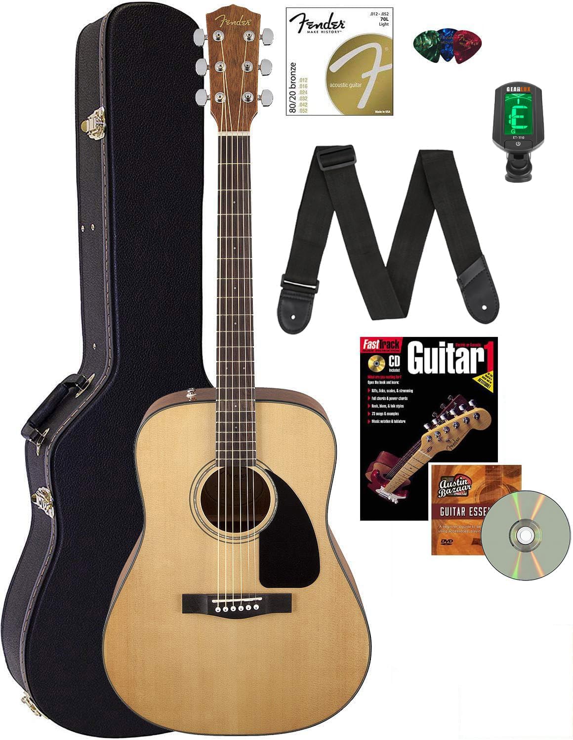Fender CD-60 Dreadnought Acoustic Guitar - Natural Bundle with Hard Case, Strap, Tuner, Strings, Picks, Online Lessons, Instructional Book, and Austin Bazaar Instructional DVD
