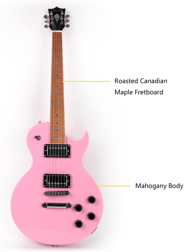Fojill Full Size 39 Inch LP Electric Guitar Roasted Canadian Maple Fretboard Mahogany solid Body Stainless Frets (Pink)