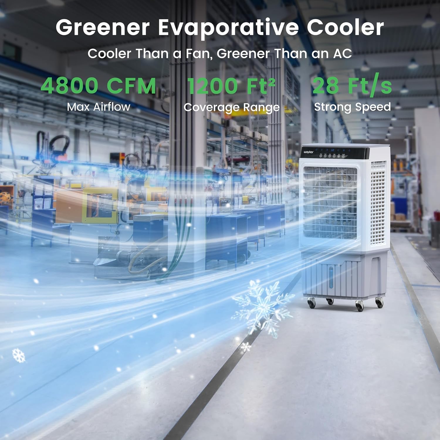 Waykar Swamp Cooler, 4800 CFM Evaporative Air Cooler with 8 Gals Water Tank, 1200 Sq.Ft. Portable Air Conditioner with 4 Ice Pack, 120°/60°Oscillation, 3 Models for Garage, Yard