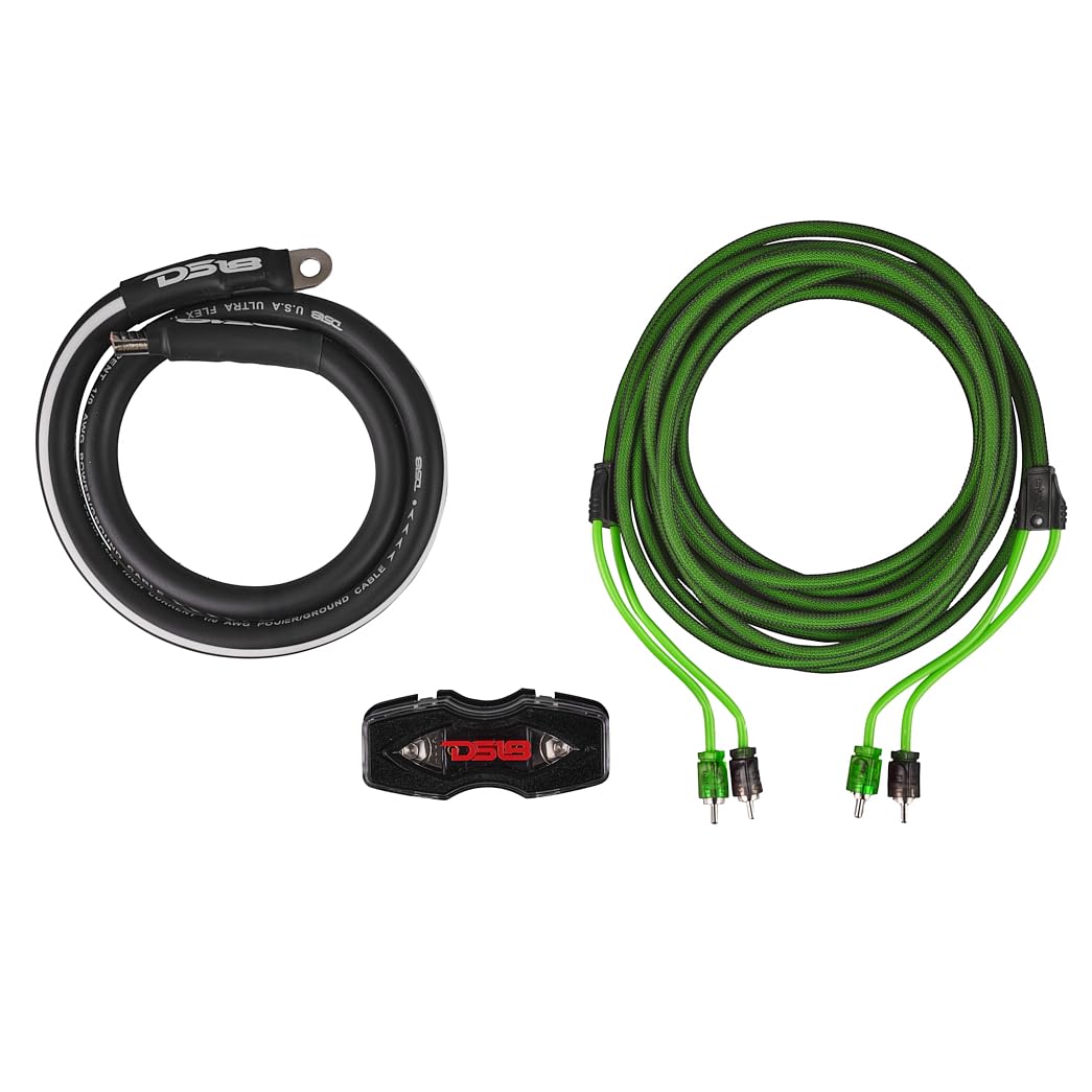 DS18 AKIT0.GR 0-GA Amplifier Installation Wiring Kit with Fuse Holder 250A, Up to 3500 Watts RMS, Ultra Flex Wire, Amp Wire Kit, Amp Wiring Kit 0 Gauge - Green