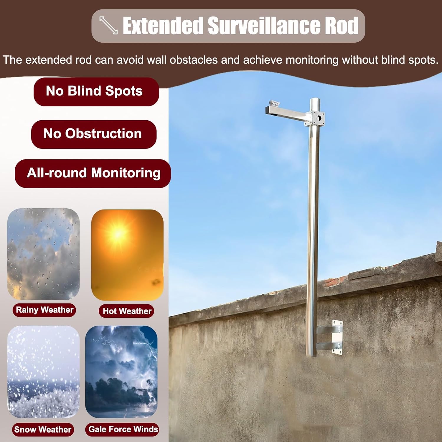 Gun/Dome Surveillance Camera Bracket for Corner, Stainless Steel Pole for Security Cameras Wall Mount, L-Shape Vertical CCTV Pole Universal(Single Gun,1.2 m(3.94 ft))