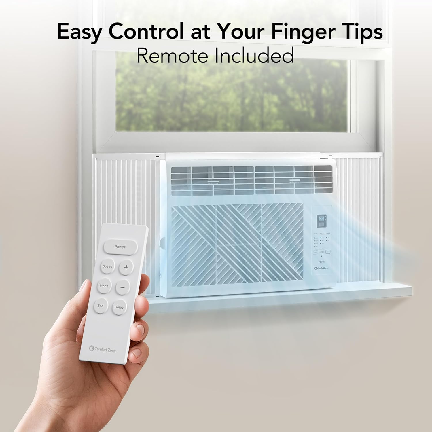 Comfort Zone Window Mounted Room Air Conditioner with Remote Control, 5,000 BTU, Digital Display, 4 Speed Settings, 4 Mode Settings, 24-Hour Timer, Sleep Setting, and Eco Mode