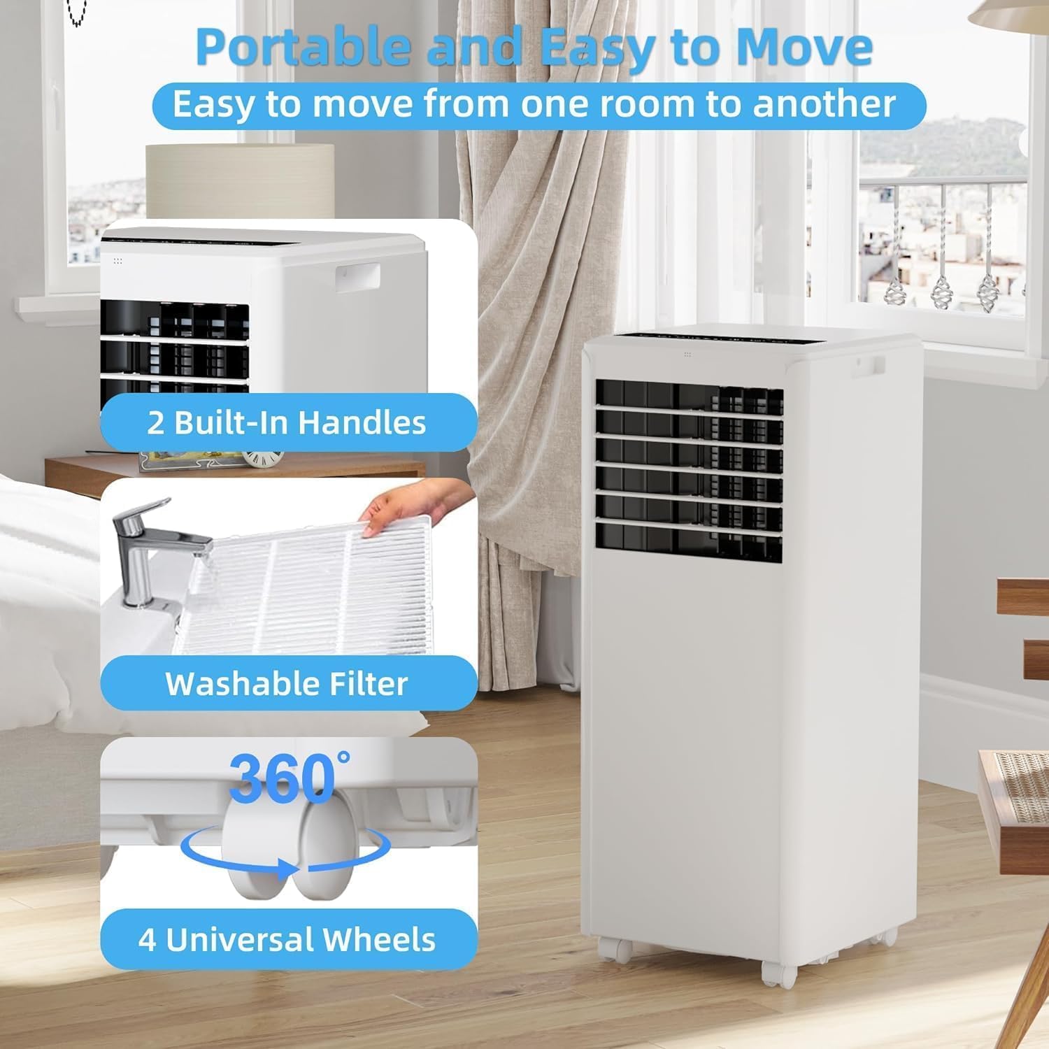 Acekool 8000 BTUs Portable Air Conditioner, Air Conditioners 3-in-1 Cooling, Fan & Dehumidifier for Up to 350 Sq.Ft, Remote Control, 24H Timer, Smart Sleep Mode, Floor AC Units, LED Display