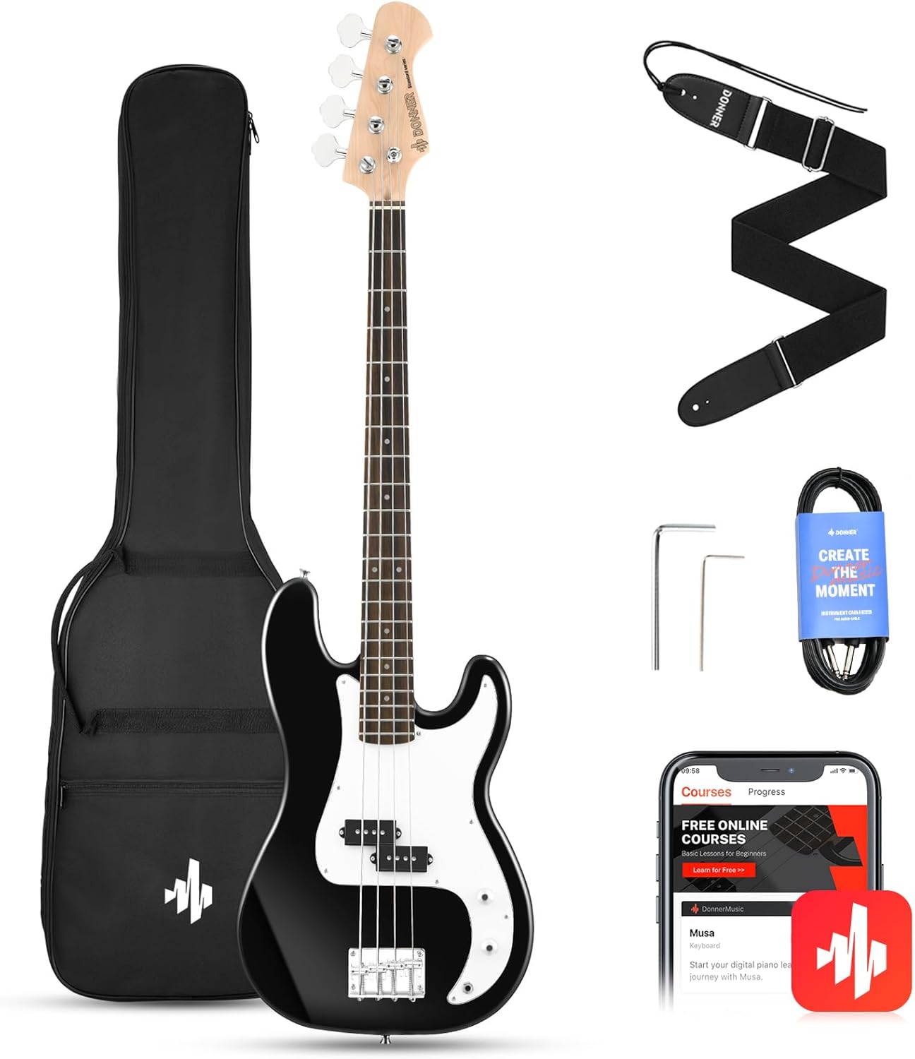Donner Electric Bass Guitar 4 Strings Full-Size Standard Bass PB-Style Beginner Kit Black for Starter with Free Online Lesson Gig Bag Guitar Strap and Guitar Cable, DPB-510D