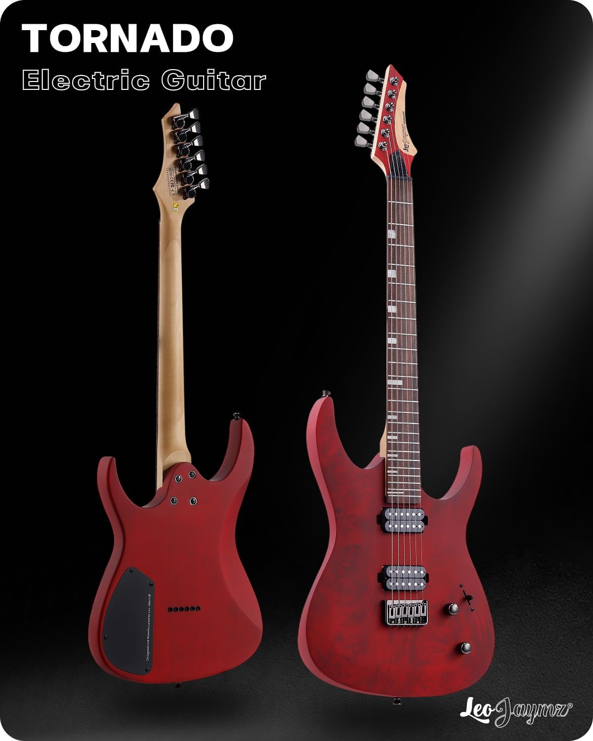 Leo Jaymz Tornado 6-String Electric Guitar, Okoume Body, Maple Neck, Laurel Fingerboard, Dual Alnico V Pickups, Locking Tuners, 3-Way Switch, 24 Frets (Burgundy Burl)