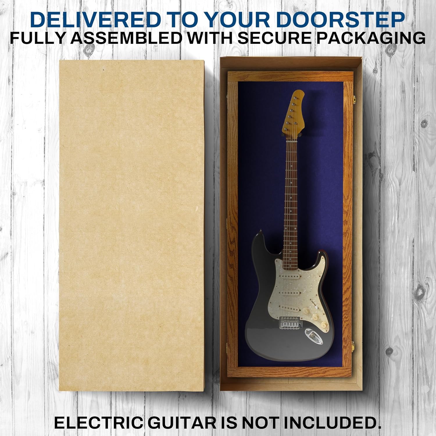 PENNZONI Electric Guitar Display Case - Acrylic Guitar Display Case Wall Mount Made from Hardwood & Clear Acrylic - Natural Oak w/Blue Felt