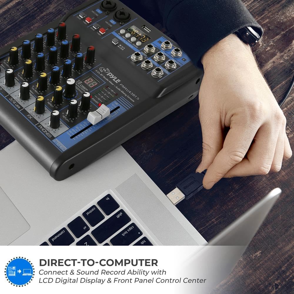 Pyle Professional Audio Mixer Sound Board Console System- Interface 4 Channel Digital USB Bluetooth MP3 Computer Input 48V Phantom Power Stereo DJ Studio Streaming FX 16-Bit DSP Processor- PMXU43BT.5