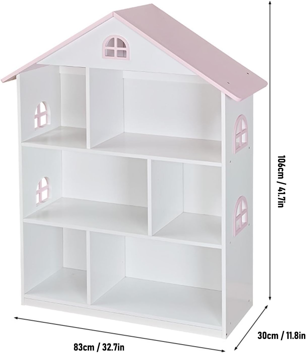 Wooden Dollhouse Bookshelf, 3 Tier Pink and White Kids Bookcase Toy Storage Organizer, Doll House Bookcase for Childrens Bedroom Playroom Nursery Classroom for Boys Girls Ages 3-8 Years Old