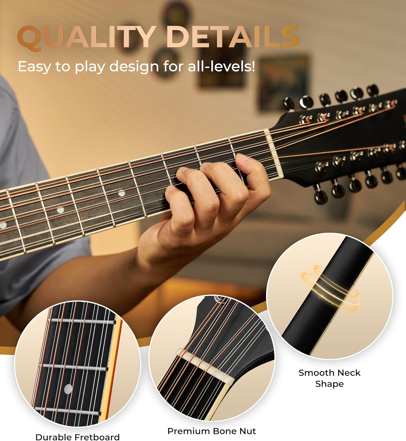 Vangoa 12 String Guitar Acoustic Electric, Upgraded Guitar 12 Strings Bundle for Beginner Intermediate Adults Teens, Guitarra de 12 Cuerdas, Spruce Top Bone Nut, Black, Matte