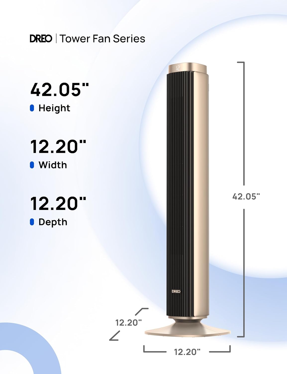 Dreo Tower Fan for Bedroom, 90° Oscillating Standing Fan with 40ft Far Airflow, 25dB Ultra Quiet DC Motor, 28ft/s Velocity, 12 Speeds, 42 inch, Smart Control, 4 Modes, 12H Timer, Pilot Pro S