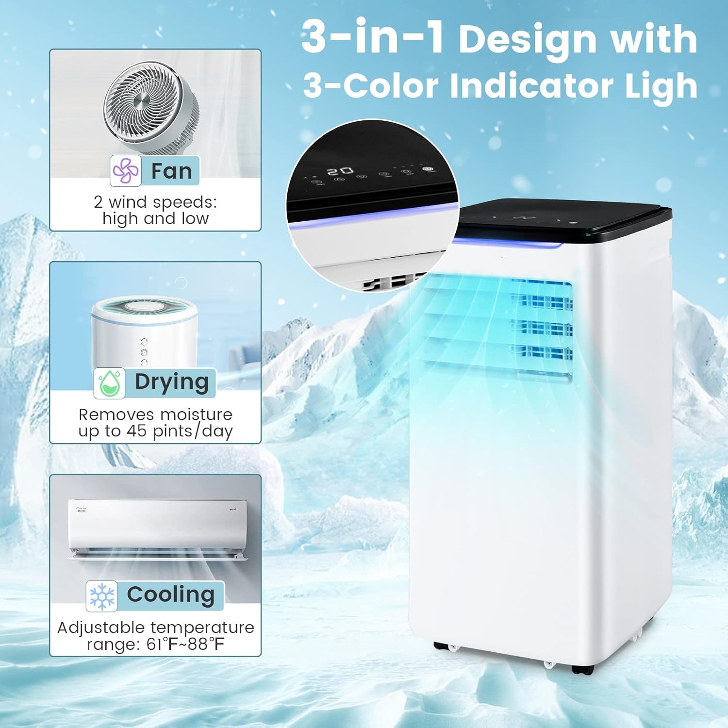 KOTEK Portable Air Conditioner for Room up to 250 Sq. Ft, 8000 BTU 3-in-1 AC Unit for Bedroom with Dehumidifier/Fan/Cool/Sleep Mode, 24H Timer/Window Kit/Remote, Portable AC for Home Office (8000BTU)