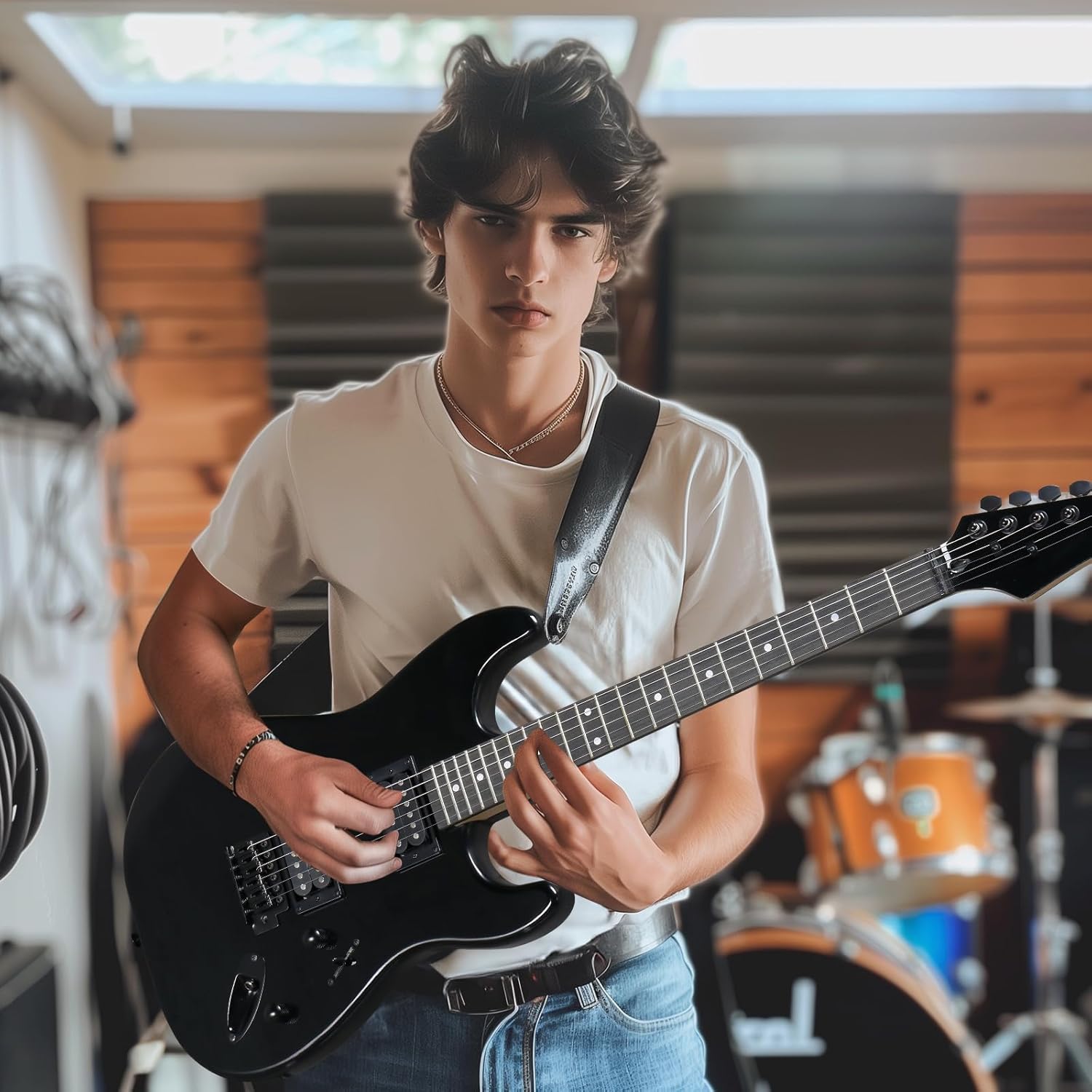 Ktaxon 39 Inch Electric Guitar, Full-Size Solid Body Electric Guitars Kit with Thickened Bag, H-H Pickups, Capo, Upgrade Cable for Beginners, Intermediate & Professional (Bright Black)