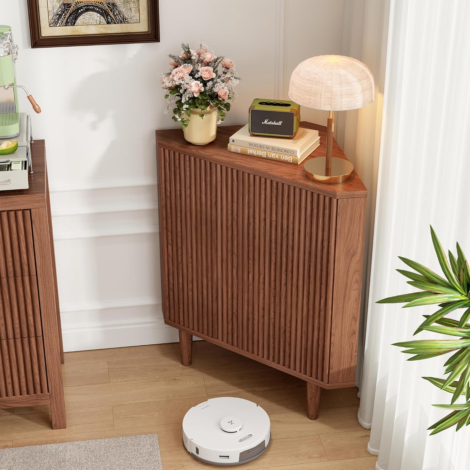 Fluted Floor Corner Kitchen Cabinet with Door, Wooden Freestanding Small Floor Cabinet Organizer, Side Storage Organizer for Living Room, Dining Room, Bathroom Walnut