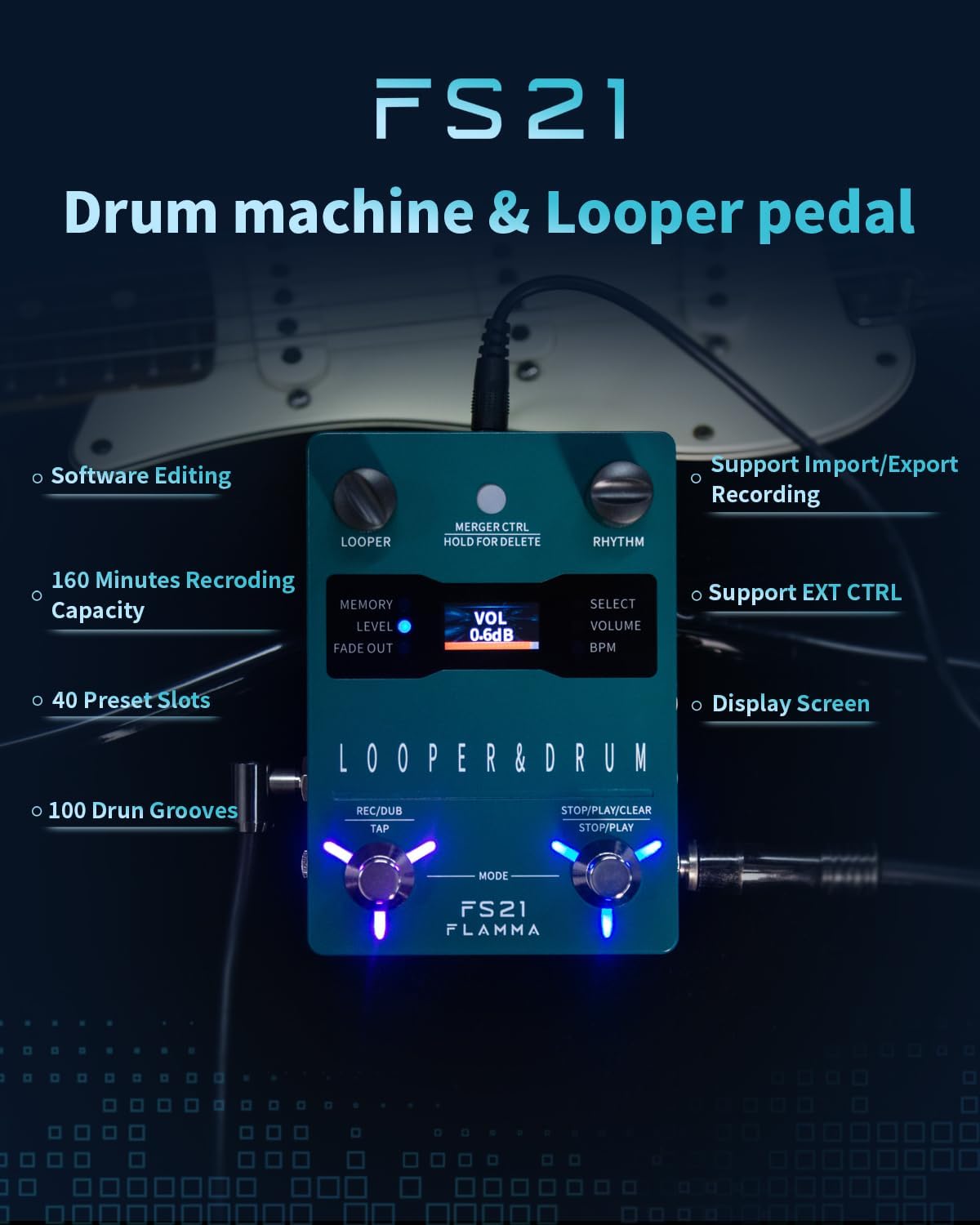 FLAMMA FS21 Stereo Guitar Looper Pedal & Drum Machine 2-in-1 with160 Minutes Loop Recording Capacity 100 Drum Grooves 10 Metronome Support Software Editing
