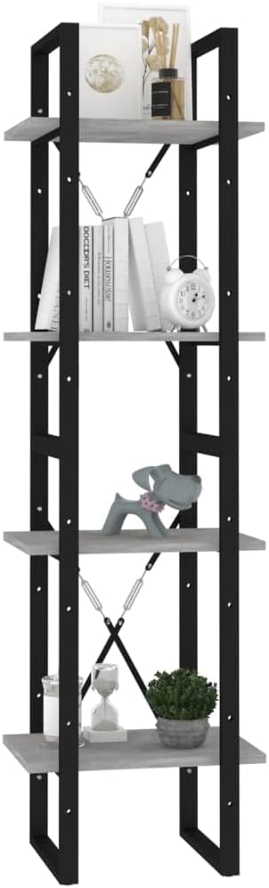 Concrete Gray Book Cabinet, Black Engineered Wood, Metal Frame, 4-Tier Industrial Shelving Unit, 11.8x15.7x55.1in Display Case for Living Room, Office Storage