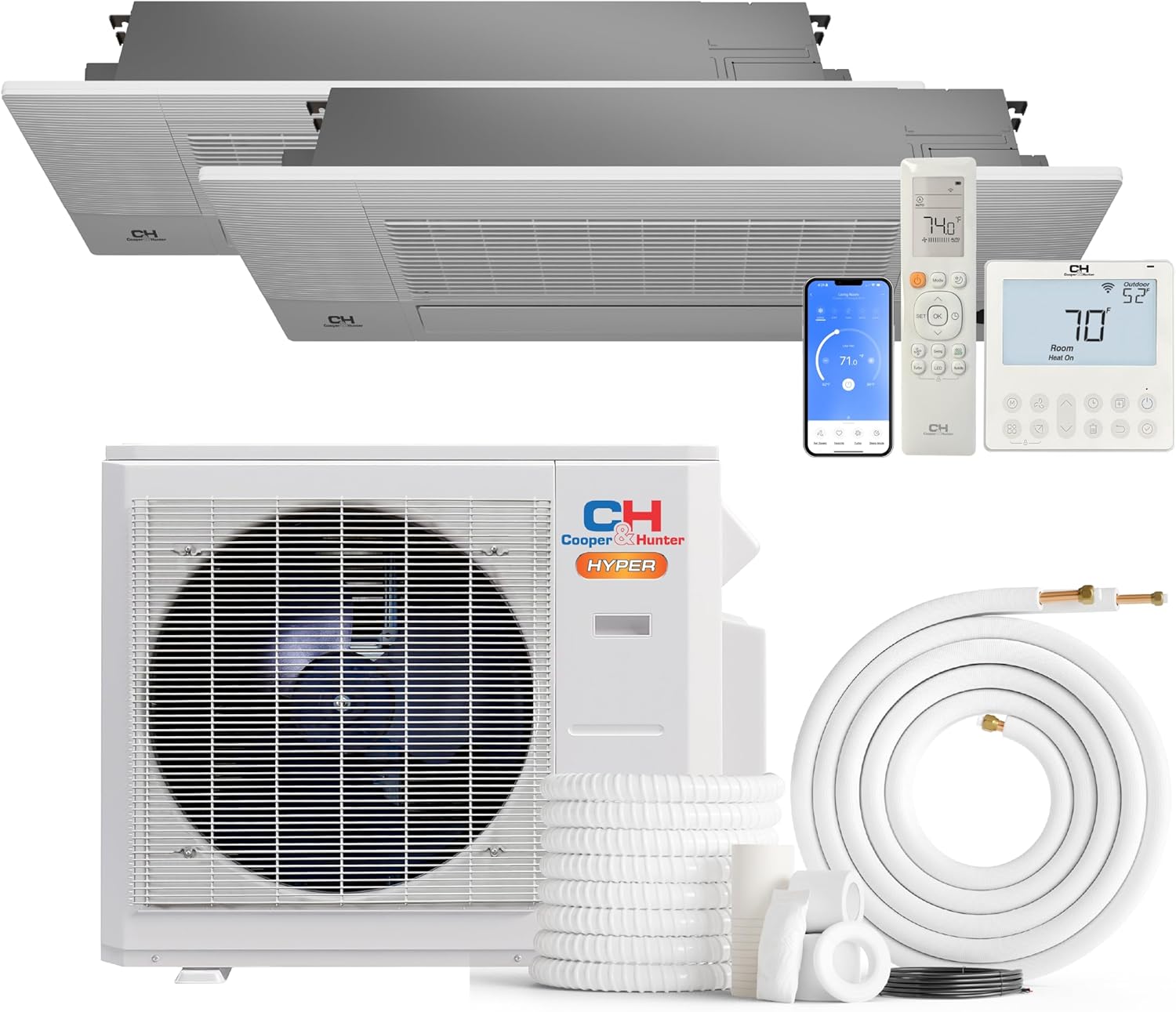 Cooper & Hunter 19,000 BTU Hyper Heat 2-Zone Ductless Mini Split Air Conditioner & Heat Pump – 6K+6K 1-Way Ceiling Cassette Air Handlers – 22 SEER2 – 25FT Installation Kits – 230V