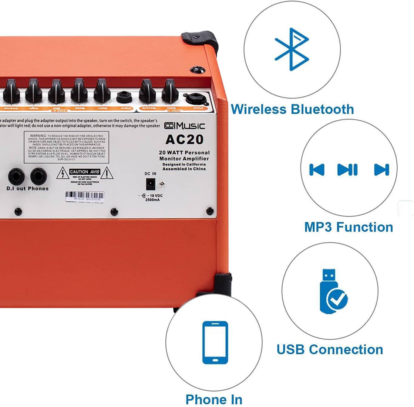 Acoustic Guitar Amplifier, 20 Watt Bluetooth Amp for Guitar Acoustic with Reverb Chorus Effect, 3 Band EQ（Including Microphone and Audio Cable）