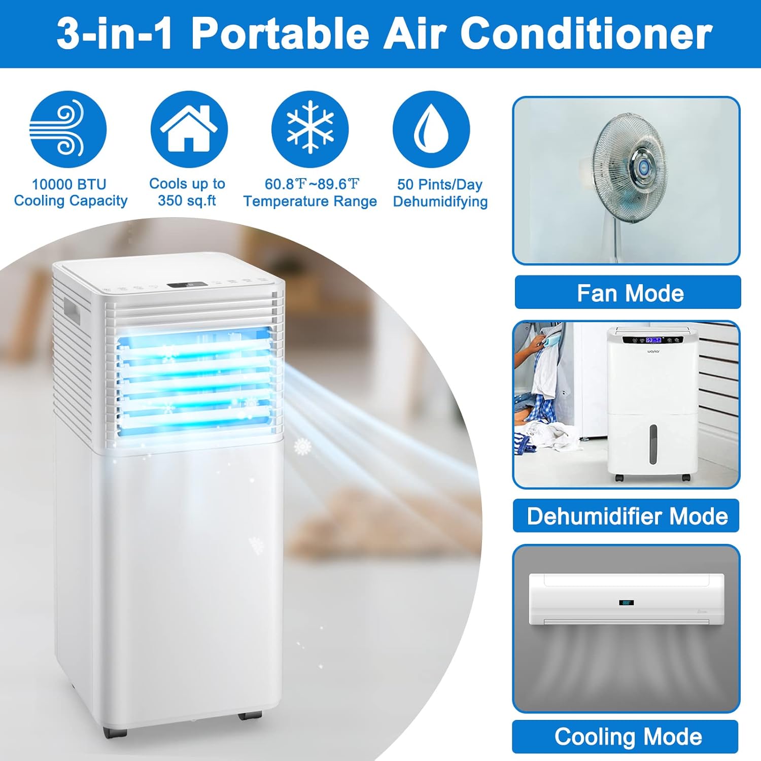 GOFLAME Portable Air Conditioner, 10000 BTU Powerful AC Unit with Remote Control and 4 Universal Casters, 3-IN-1 Air Cooler & Dehumidifier & Fan with 24H Timer for Living Room, Bedroom, Office, White