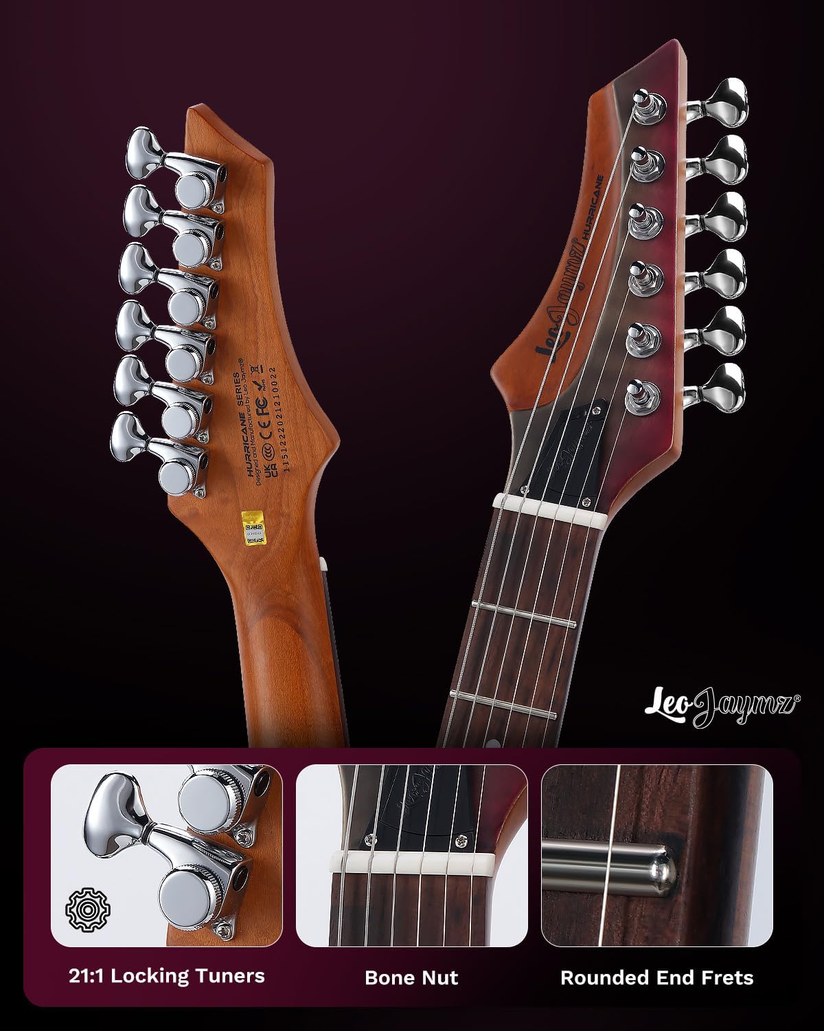 Leo Jaymz Hurricane Series Electric Guitar,Double Cut Arched Top Mahogany Body,Reverse Headstock,Roasted Maple Neck,Rosewood Fretboard,Alnico V Pickups,Locking Tuners,Tremolo Bridge (Purple Black)