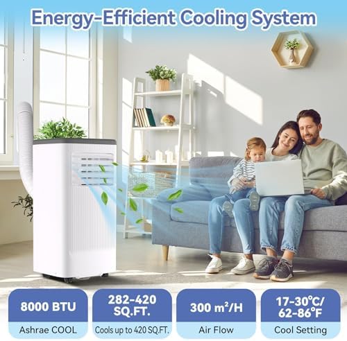 8,000 BTU Portable Air Conditioner, Smart Control, Cools up to 420 Sq. Ft., with Dehumidifier & Fan mode, Easy- to-use Remote Control for Bedroom/Dorms/Indoor Rooms, White