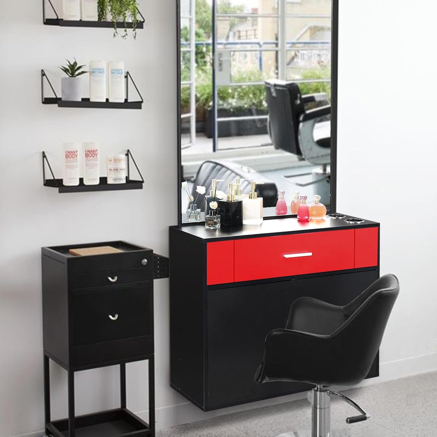 Professional Wall Mounted Hair Styling Station with Mirror, Salon Shelf Cabinet for Tools, Products and Accessories