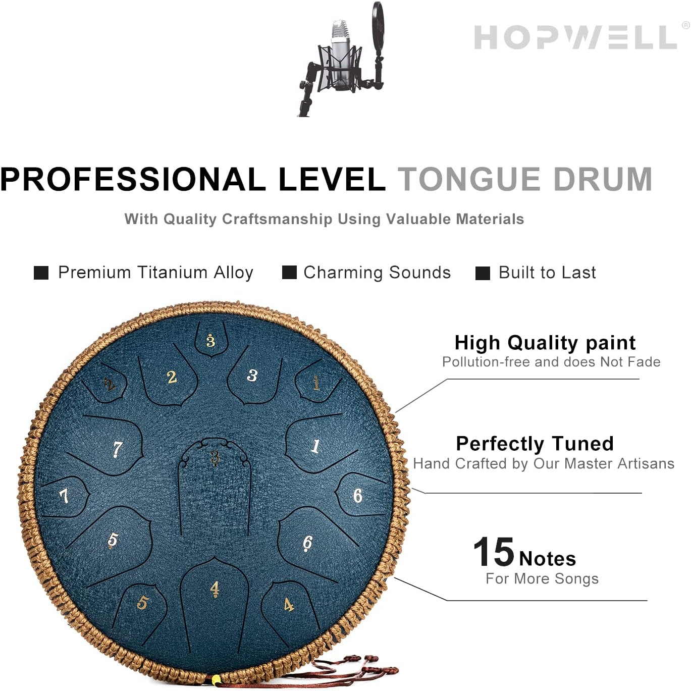 Steel Tongue Drum - 14 Inch 15 Note Tongue Drum - Hand Pan Drum with Music Book, Handpan Drums Mallets and Carry Bag, D Major (Navy Blue)
