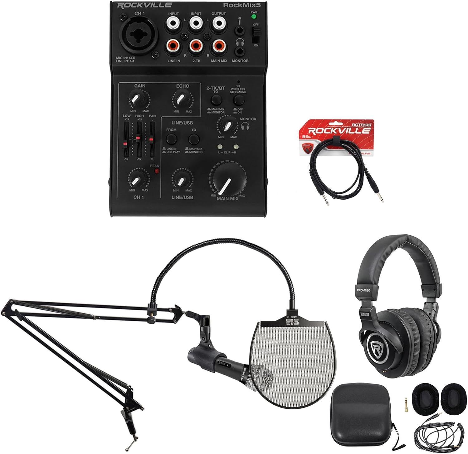 Rockville RockMix 5 Bundle: 5-Channel Bluetooth Mixer, DMS40 40