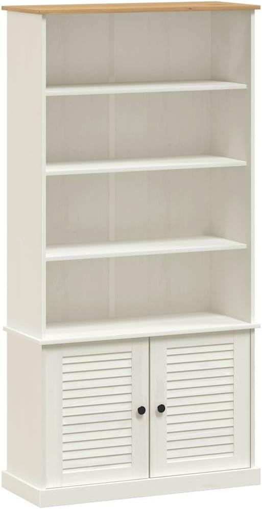 Rustic 6-Tier White Bookcase 33.5 x 13.8 x 66.9 in Solid Pine Wood Shelf Unit with Louvered Doors for Living Room Bedroom Office Storage