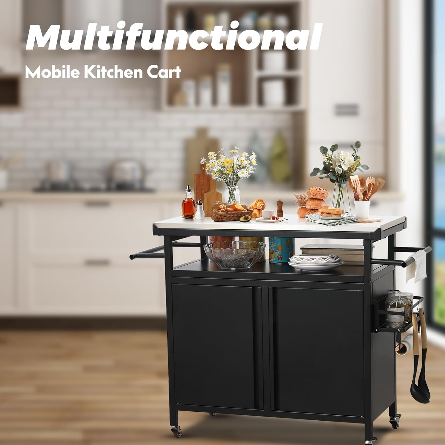 Nexaio XL Rolling Bar Grill Cart Outdoor Patio Furniture, Outdoor Grill Table with Stainless Steel Top for Kitchen Prep and Outdoor Storage Cabinet for Grilling Accessories, Black