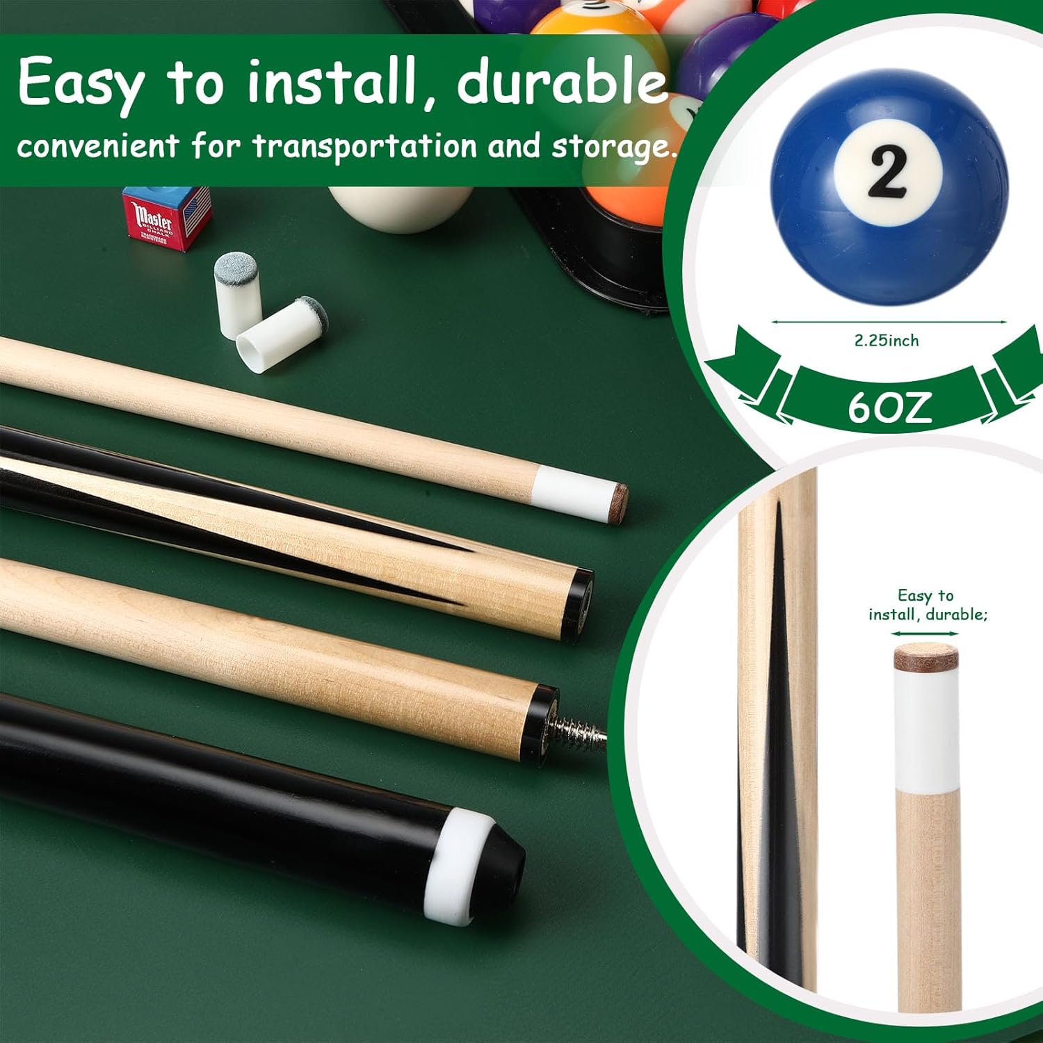 Vinsot 100 Pieces Pool Table Accessories, 16 Billiard Balls, 2 Sets of Pool Cues, Triangular Diamond Ball Rack, Cue Chalk, Cue Heads and Ball Brush Set and Other Billiard Accessories