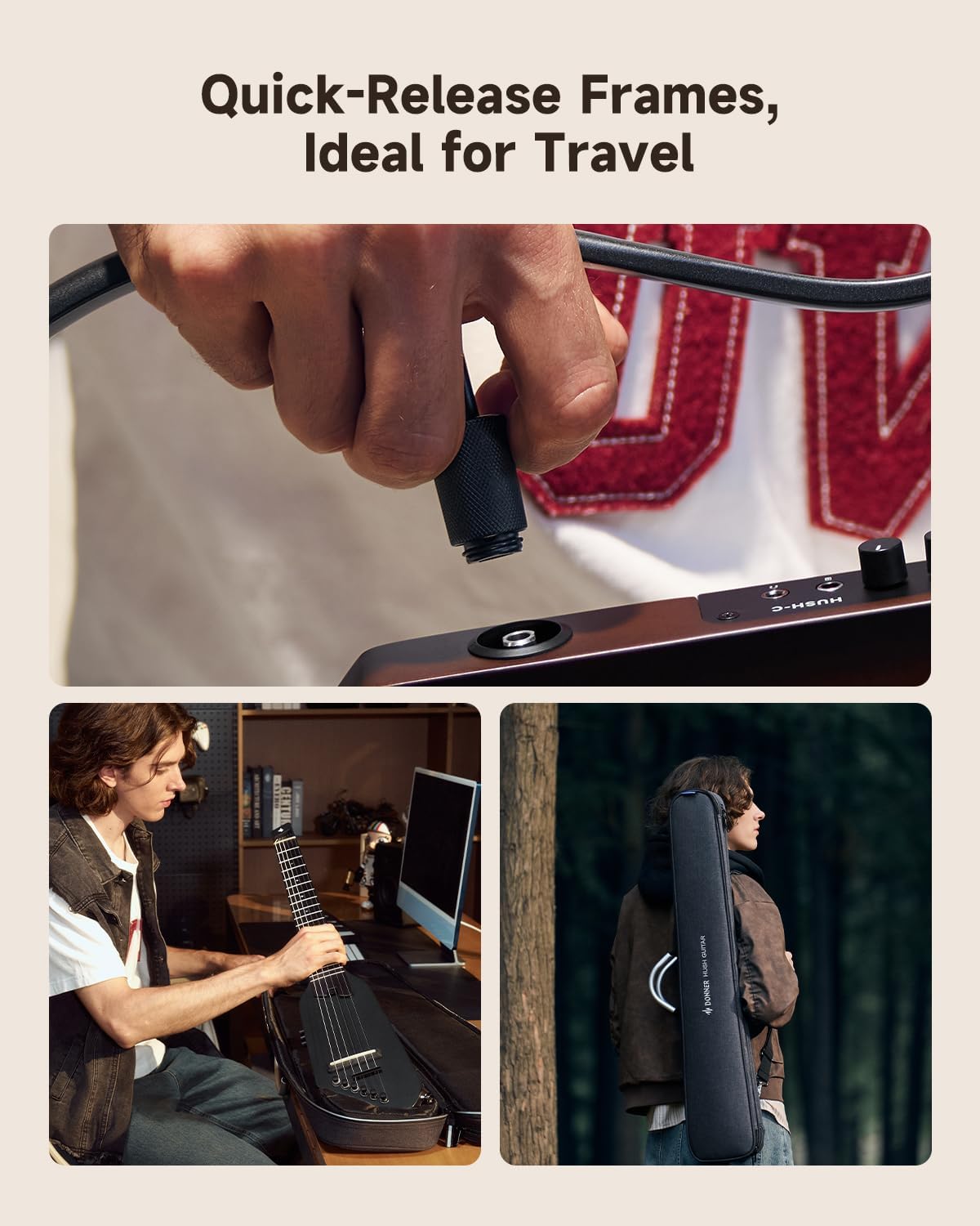 Donner HUSH C Acoustic-Electric Nylon String Classical Guitar– Ultra-Lightweight Travel Guitar with Built-In Tuner, HPS-II Preamp, Headphone Jack & Quick-Release Stand – Black